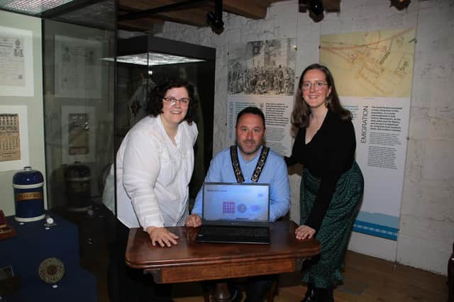Newry, Mourne District Council Chairperson, Councillor Pete Byrne pictured with (L to R) Joanne Cummins, Collection Officer Newry and Mourne Museum and Bridget Molloy Collection Officer Down County Museum at the launch of the NMD Museums Online Collections Website.