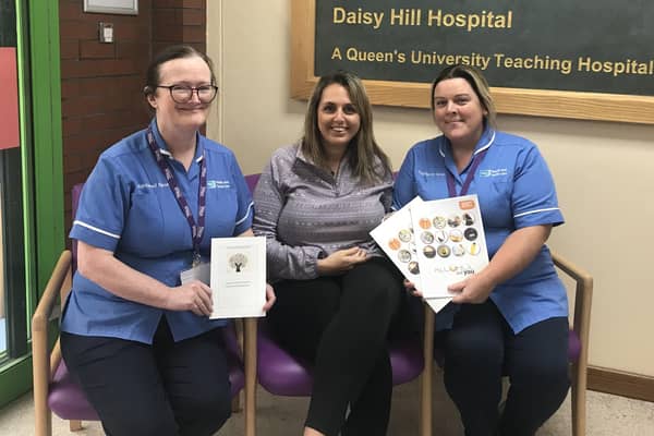 Mental Health nurses Jackie Leer and Gemma McAuley with Emma Campbell, the first patient to use the new community alcohol detox service from Daisy Hill Hospital.