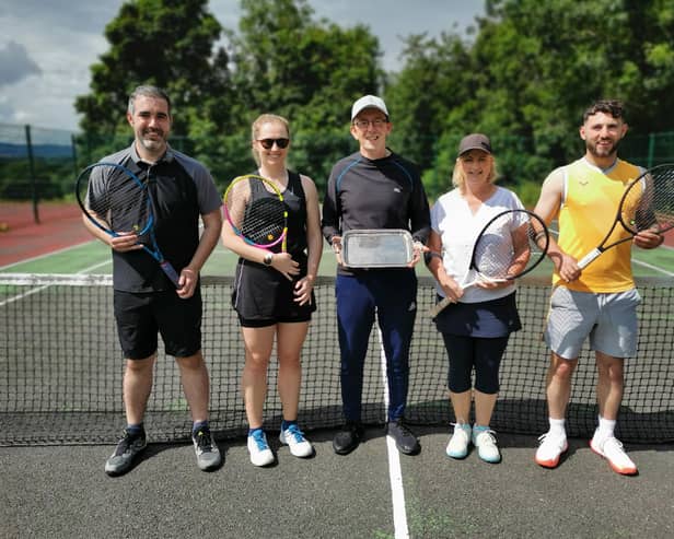 Mixed Doubles final – James O’Hare and Eimear Downey, Deidre Dinsmore and Shane McAteer with Club Chairperson, Chris Gibbons, on behalf of event sponsors, Fitzpatrick and Kearney Accountants.
