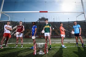 SuperValu’s Launch Of The GAA All-Ireland Senior Football Championship 30/4/2025. Pictured are L-R Mícheál Martin (Cork), Cillian McDaid (Galway), Ikem Ugwueru (Clare), David Clifford (Kerry), Jemar Hall (Armagh) and Niall Scully (Dublin) at SuperValu’s launch of the GAA All-Ireland Senior Football Championship. Pic: ©INPHO/Dan Sheridan