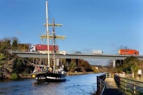 An image of the how the Southern Relief Road bridge might look as it blocks a tall ship from sailing in Newry Canal.