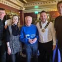 From left: Justin McNulty MLA, Cllr Doire Finn, Gervase McCartan of the Newry Cancer Research Committee, Council Chairperson Cllr Pete Byrne and Cllr Killian Feehan.