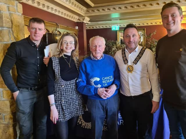 From left: Justin McNulty MLA, Cllr Doire Finn, Gervase McCartan of the Newry Cancer Research Committee, Council Chairperson Cllr Pete Byrne and Cllr Killian Feehan.
