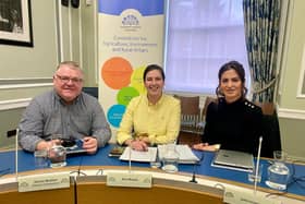 Newry & Armagh MLA Aoife Finnegan pictured with her colleagues Áine Murphy MLA & Declan McAleer MLA at her first Agriculture, Environment and Rural Affairs Assembly Committee (AERA) meeting.