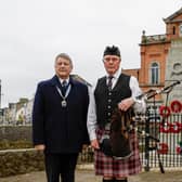 Chairman of the Newry Branch RBL, Colin Whiteside, with Pipe Major David Hanna MBE, at Newry Cenotaph, Monday 22nd April 2024.