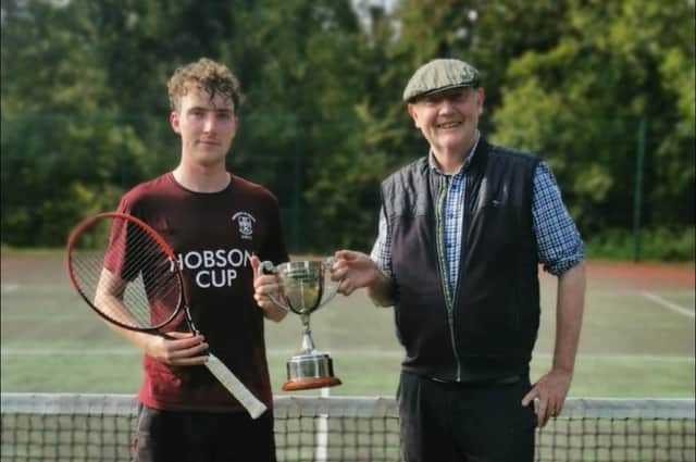 Singles Champion, Ardghal McMahon with John McMahon Rostrevor Tennis Club sponsor.