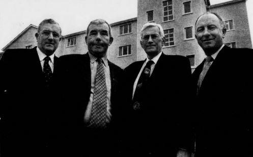 Pat and John McParland, proprietors of the Carrickdale Hotel, pictured with Seamus Mallon, deputy First Minister, and Dermot Ahern TD, Minister of Social, Community and Family Affairs.