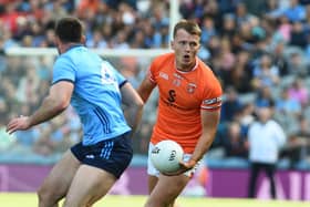 Rian O'Neill on the ball during Armagh's win over Dublin this evening. Pics: John Merry