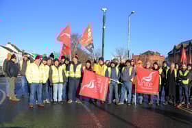 Staff from Translink taking part in industrial action last Thursday in Newry. Pic: Liz Boyle/