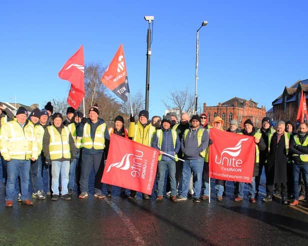 Staff from Translink taking part in industrial action last Thursday in Newry. Pic: Liz Boyle/