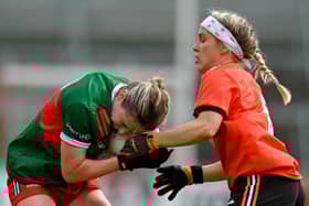 25 June 2023; Sinead Cafferky of Mayo in action against Lauren McConville of Armagh during the TG4 Ladies Football All-Ireland Championship match between Armagh and Mayo at BOX-IT Athletic Grounds in Armagh. Photo by Sam Barnes/Sportsfile *** NO REPRODUCTION FEE ***