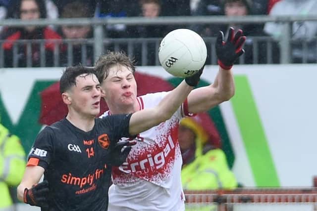 Armagh's Eoin Duffy battles for possession during the All-Ireland Minor final. Pics: John Merry