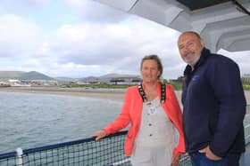 Newry, Mourne and Down District Council Deputy Chairperson, Councillor Geraldine Kearns with Captain Ivor Campbell onboard the Carlingford Lough Ferry.