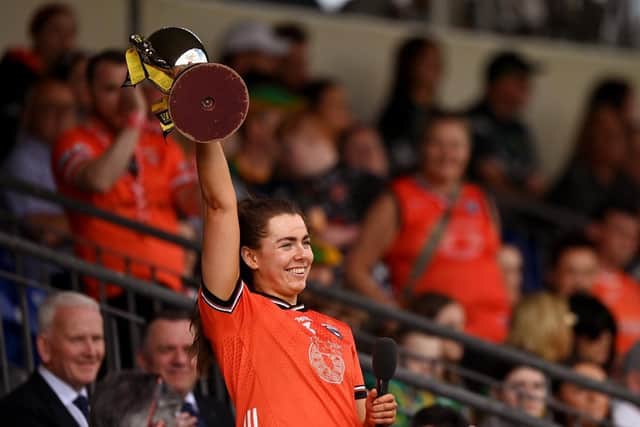 Armagh captain Clodagh McCambridge hoists the Ulster title in the air after her team defeated Donegal 3-9 to 0-7 in the final. Pic: Sportsfile