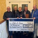 Pictured accepting the donation on behalf of Life & Time, the end-of-life palliative care Charity, is Nurse Manager Connie Connolly, pictured with member of Clonduff Vintage & Classic Club organising committee Donal Fitzpatrick, Dominick McNally, Noel Morgan Paul Kelly and P J Quinn.
