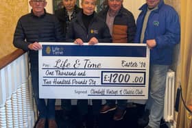 Pictured accepting the donation on behalf of Life & Time, the end-of-life palliative care Charity, is Nurse Manager Connie Connolly, pictured with member of Clonduff Vintage & Classic Club organising committee Donal Fitzpatrick, Dominick McNally, Noel Morgan Paul Kelly and P J Quinn.