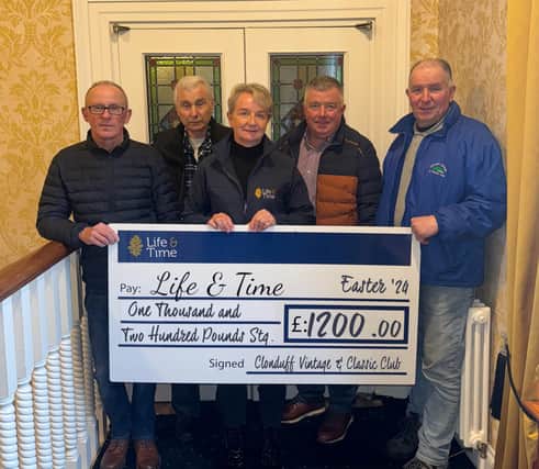 Pictured accepting the donation on behalf of Life & Time, the end-of-life palliative care Charity, is Nurse Manager Connie Connolly, pictured with member of Clonduff Vintage & Classic Club organising committee Donal Fitzpatrick, Dominick McNally, Noel Morgan Paul Kelly and P J Quinn.