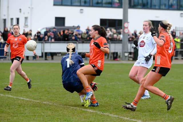 Emily Druse beats Kildare goalkeeper Mary Hulgraine to score a second half goal during the two side’s meeting in the league this year. Pic: Brendan Monaghan