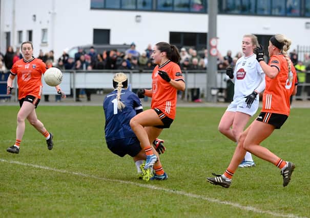 Emily Druse beats Kildare goalkeeper Mary Hulgraine to score a second half goal during the two side’s meeting in the league this year. Pic: Brendan Monaghan
