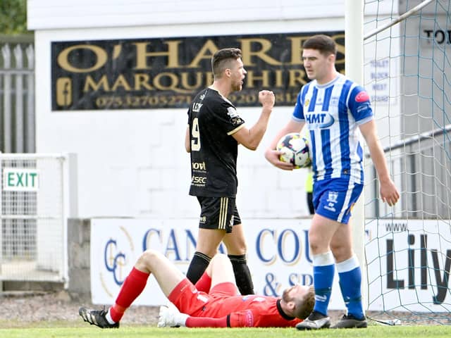 Crusaders  Adam Leckey celebrates after he heads his side into a 3-0 lead at The Showgrounds in August. Picture: INPHO/Stephen Hamilton