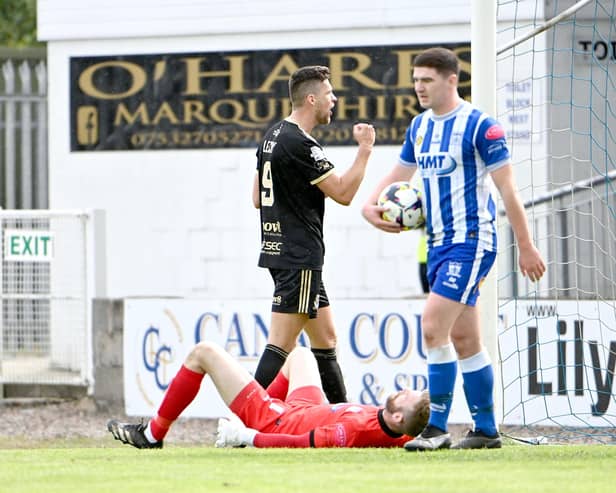 Crusaders  Adam Leckey celebrates after he heads his side into a 3-0 lead at The Showgrounds in August. Picture: INPHO/Stephen Hamilton