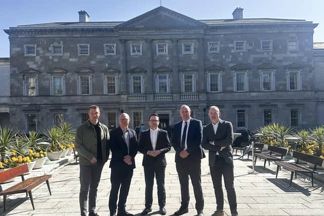 Sinn Féin MPs (from L to R) John Finucane, Paul Maskey, Dáire Hughes, Cathal Mallaghan, and Chris Hazzard at Leinster House