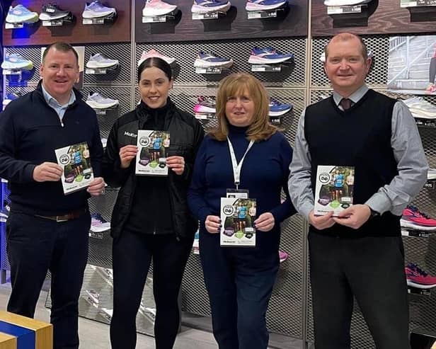 Launching the Lurgan Park Fun Run for Southern Area Hospice 2024 are L-R Tony Mckeown, Event Organiser, Louise Doone, Store Manager, McKeever Sports, Deirdre Breen, Lurgan Friends of Hospice, and David Wilson, Event Organiser