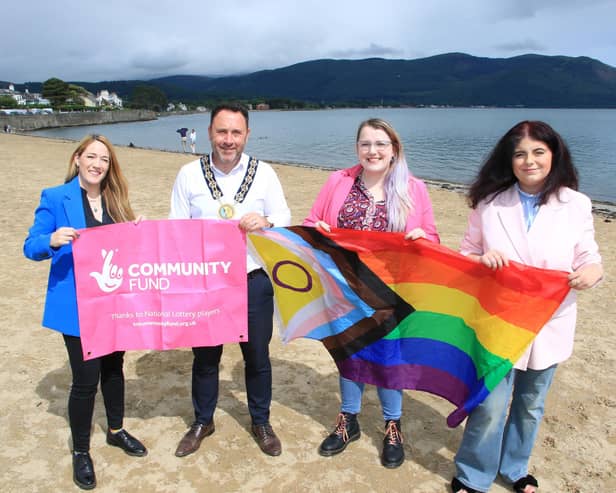 Former Council Chairperson, Cllr Pete Byrne with LGBTQ and Women's Group Newry l-r Jenny Deane, Chairperson Councillor Pete Byrne, Daria Ní Fhaoláin and Aine Walton.