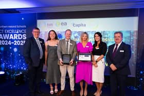 Helen Doherty, Vice Principal of winning St Coleman’s College in Newry pictured with colleagues Anna Carr, Michael Fegan and Rosemary Matthews alongside EA Chair Mervyn Storey and DE Permanent Secretary, Ronnie Armour