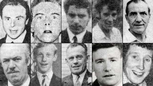 The Kingsmills Massacre victims, from top left: John Bryans (50), Robert Chambers (18), Reggie Chapman (38), Walter Chapman (29), Robert Freeburn (46).From bottom left, Joseph Lemmon (49), John McConnville (20), James McWhirter (63), Robert Walker (46), Kennth Worton (24). Montage: Kenny Donaldson/SEFF