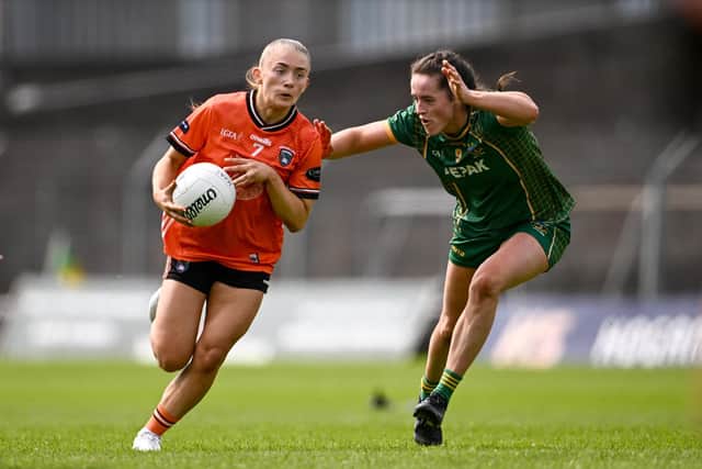 Grace Ferguson of Armagh in action against Marion Farrelly of Meath during the TG4 All-Ireland Ladies Football Senior Championship Round 1 match between Meath and Armagh at Páirc Tailteann in Navan, Meath. Pic: Ben McShane/Sportsfile