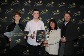 Inspirational Young Person Award Runner Up was Conor Sands l-r Thomas Tiernan Presented the award, Conor Sands recipient, Council Chairperson Councillor Valerie Harte and Councillor Cathal King at the 2024 YAFTA Award Ceremony.