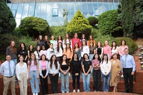 Some of the top performing GCSE students at Our Lady’s Grammar School: Amy Bantheman, Ella Bantleman, Ciara Brennan, Evie Cunningham, Kate Cunningham, Caitlin Fitzpatrick, Katie Fitzpatrick, Alisa Flynn, Sorcha Fox, Eimear Gallagher, Aoife Gartland, Dearbhla Mackin, Hannah Magennis, Lana Mathers, Kayla McEvoy, Mychaela McEvoy, Caragh McGaffin, Erin McGivern, Mia McLaughlin, Sinead McPolin, Ezara Morgan, Eabha O’Hare, Grace Owens, Louise Reavey, April Rice, Eva Rice, Joanne Rooney, Emer Savage, Hannah Shields, Emer Starrs, Nanditha Vadiyala and Amelia Zacharska are pictured with Principal Mrs Fiona McAlinden, Vice-Principals Mr Thomas Hackett and Ms Katrina Murphy and Year Head Mr Damian Kirk. INNR3408