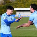 Warrenpoint goal scorers Rory Powell and Declan Loye celebrate Loye's goal on Saturday at Milltown. Pictures: Brendan Monaghan