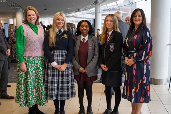 Pictured at the Celebration Event at ICC Belfast are Julia Corkey, Chief Executive at ICC Belfast, Zara Flanagan, student at Our Lady’s Grammar School, Newry, Maka Chinanayi, student at Hazelwood Integrated College, Romy Maguire, student at Glenlola Collegiate and Aisling Press, Chair of SistersIN and MD of Personal Banking at Danske Bank