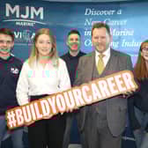 Helping students to consider ‘Build Your Career’ a future in construction from MJM Marine, were, from left: Shae Rooney, Louise McCooey, Barry Neilson OBE CITB NI, Anthony Brennan and Faith Elliott.