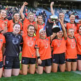 7 April 2024; Armagh players celebrate after their side's victory in the Lidl LGFA National League Division 1 final match between Armagh and Kerry at Croke Park in Dublin. Photo by Piaras Ó Mídheach/Sportsfile