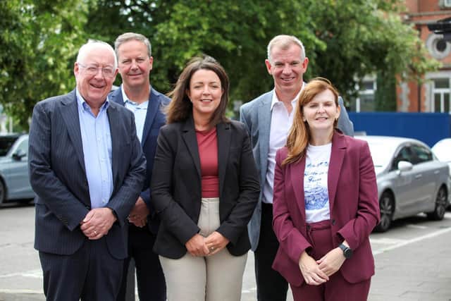 Rory McShane, Chairperson, Newry BID (Business Improvement District), Gary Quinn, Director of Rivers Operations, Department for Infrastructure, Infrastructure Minister Liz Kimmins, Economy Minister Dr Caoimhe Archibald, and Eamonn Connolly, Newry BID Manager.