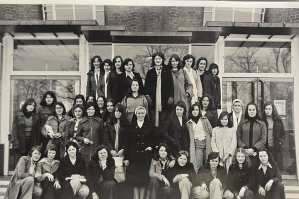 Sister Perpetua with the students and staff who travelled to Stratford-upon-Avon in the 1970s.
