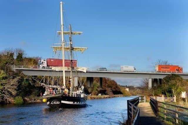 An image of the how the Southern Relief Road bridge might look as it blocks a tall ship from sailing in Newry Canal. Photograph: Columba O'Hare/ Newry.ie