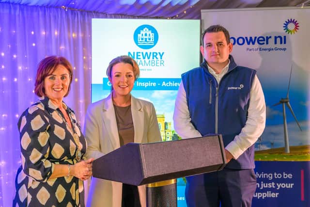 (L-R) Chamber President, Edwina Flynn, Infrastructure Minister, Liz Kimmins MLA and Gary Sneddon, Key Account Manager at Event Sponsor, Power NI.