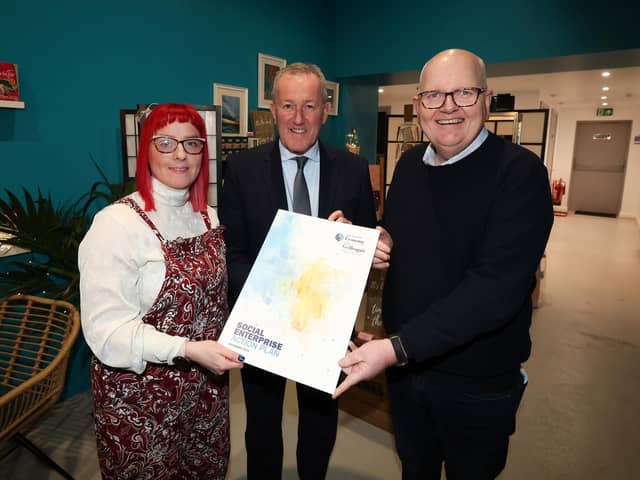 Economy Minister Conor Murphy pictured at the launch of the Social Enterprise Action Plan in Newry with Rosemary Deans, Director, Centred Soul; and Dave Linton, Chair, Social Enterprise Co-Design Group. Picture: Matt Mackey/Presseye