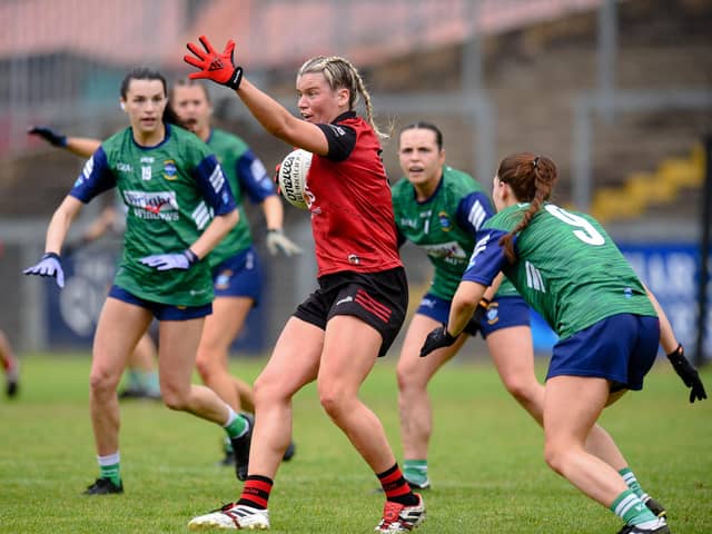 Down Captain Meghan Doherty finds herself surrounded by Westmeath players at Pairc Esler on Sunday. Pictures: Brendan Monaghan. BM09
