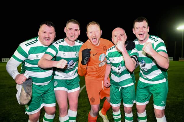Cleary Celtic players Declan Monaghan, TJ Hughes, Joe Goodwill, Shay McAllister and Conor McCaul celebrate reaching the Mid Ulster Shield final following their victory over West End Hibs. Picture: Brendan Monaghan