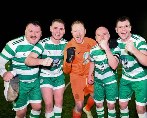 Cleary Celtic players Declan Monaghan, TJ Hughes, Joe Goodwill, Shay McAllister and Conor McCaul celebrate reaching the Mid Ulster Shield final following their victory over West End Hibs. Picture: Brendan Monaghan