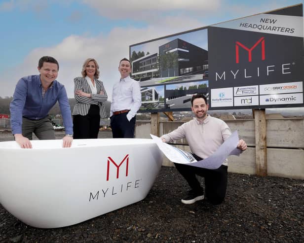 Pictured from (L-R) at the new site, set to open in Summer 2026, are Ronan Kelly, Managing Director of Kelly Brothers LLP; Grainne Fearon, Managing Director of MyLife; Colin Dalton, Director of CD Architects; and Andrew O’Brien, Founder of MyLife. Picture by  Kelvin Boyes  / PressEye