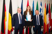 Erin McCullough receiving her Rotary Youth Leadership Development award from Kenny Fisher, District Governor of Rotary Ireland and Patrick O’Riordan, Head of Public Affairs with the European Parliament in Ireland,  at an event at Europe House in Dublin recently. [Photo: Collette Creative Photography]