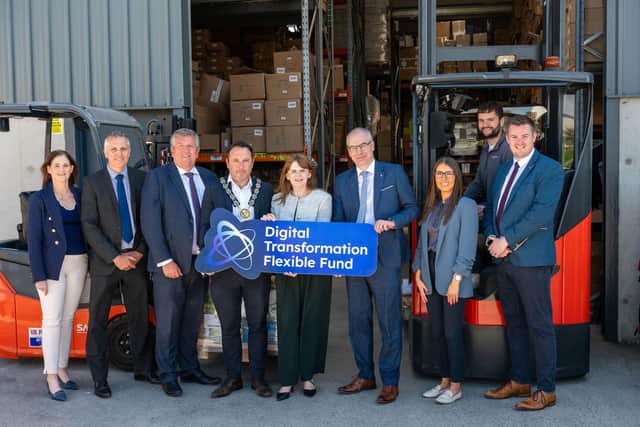 From left: Amanda Smyth (NMDCC Assistant Director: Economy, Growth and Tourism), Michael Forster (FFNI Operations Lead), Stephen Wightman (Director, City & Growth Deals (Invest NI)), Councillor Pete Byrne (NMDDC Chairperson), Dr Caoimhe Archibald (DfE Minister), Martin McKendry (Head of Food, Farming & Rural Affairs Group DAERA), Paula Jones (Project Officer (Digital Innovation and Regeneration)), Stephen Henderson (Owner SJ Henderson Fulfilment), Steven Norris (ANBC Chair of the DTFF Operations Group)