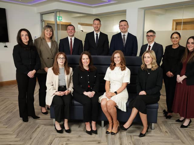 Front Row: Sinead Sinclair (Operations Associate Director), Una O’Neill (Finance Associate Director), Colleen Ward (Operations Associate Director), Laura Lynn (Operations Associate Director). Back Row: Karen McKee  (Risk and Compliance Associate Director), Amy Bradford (Operations Associate Director), Karl O’Hagan (Legal Services Associate Director), Paul O’Brien (Operations Associate Director), Steven Gilliland (Legal Services Associate Director), Cieran Marshall (Legal Technology Associate Director), Ciara Mackin (Operations Associate Director), Amy Goss (Finance Associate Director). Omitted from photo: Lorraine Murphy (Risk and Compliance Associate Director)