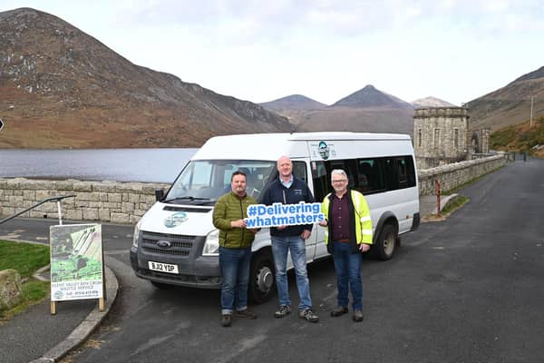 Pictured launching the service are (L-R): Peter Magowan Mourne Shuttle bus service, Gary Presho NI Water Water Supply manager and Andrew McConville NI Water Estates management team. Picture: Michael Cooper